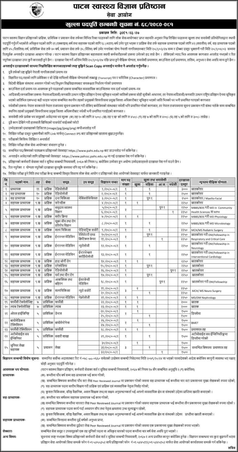 PAHS Vacancies for various positions
