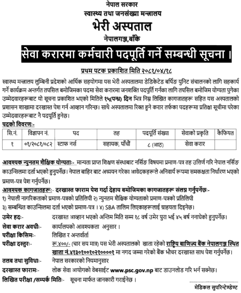 Staff Nurse Vacancy at Bheri Hospital Nepalgunj