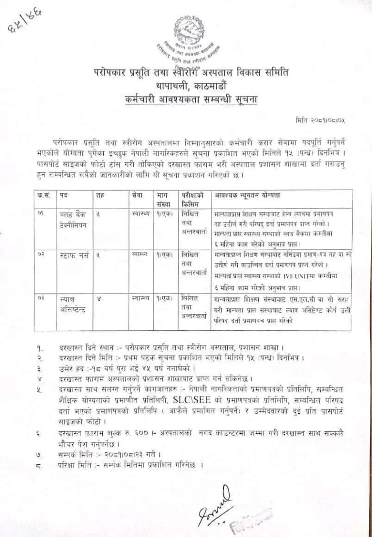 Nursing, Bloodbank Technician, Lab Assitant Jobs at Prasuti Griha Hospital