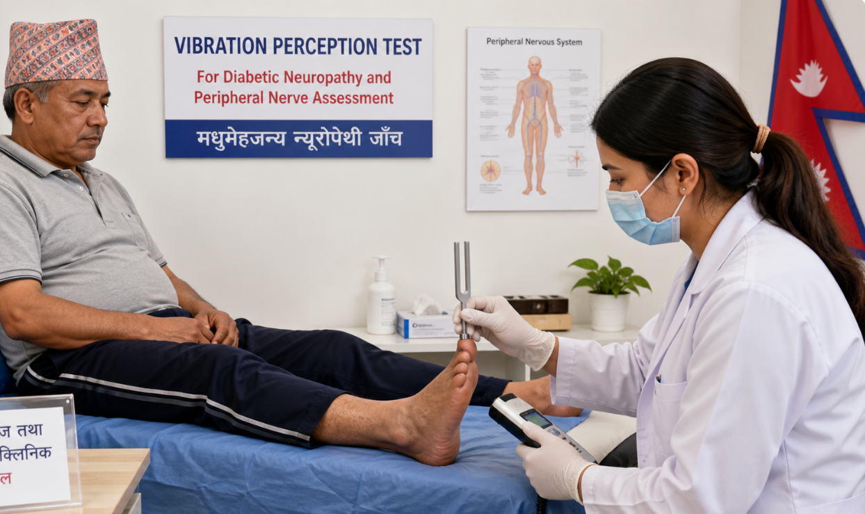 Patient undergoing a Vibration Perception Test in Nepal for diabetic neuropathy and peripheral nerve assessment